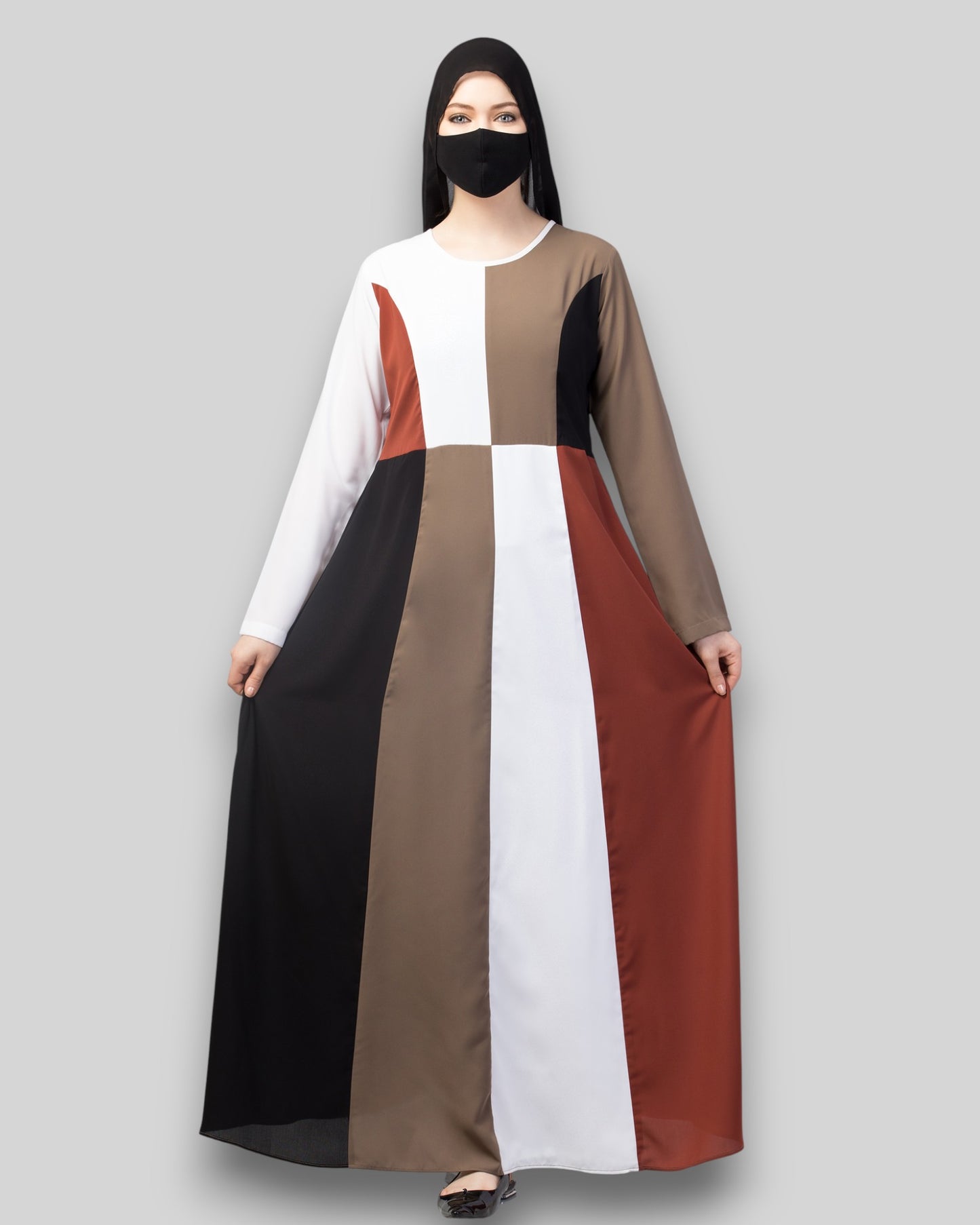 Color blocked Abaya – Four-Tone Contemporary Dress with Hijab