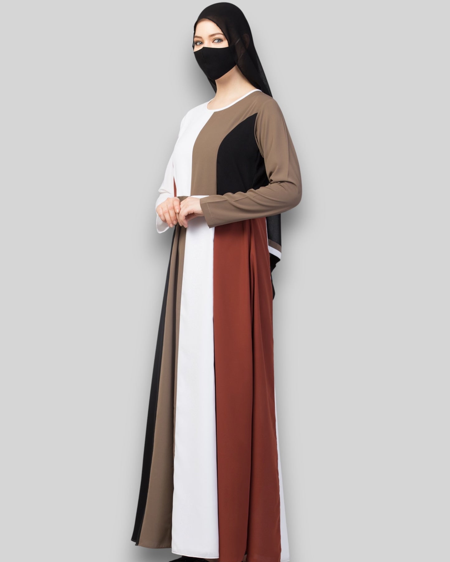 Color blocked Abaya – Four-Tone Contemporary Dress with Hijab