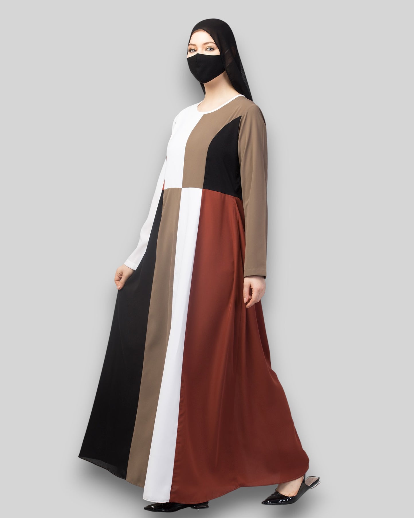 Color blocked Abaya – Four-Tone Contemporary Dress with Hijab