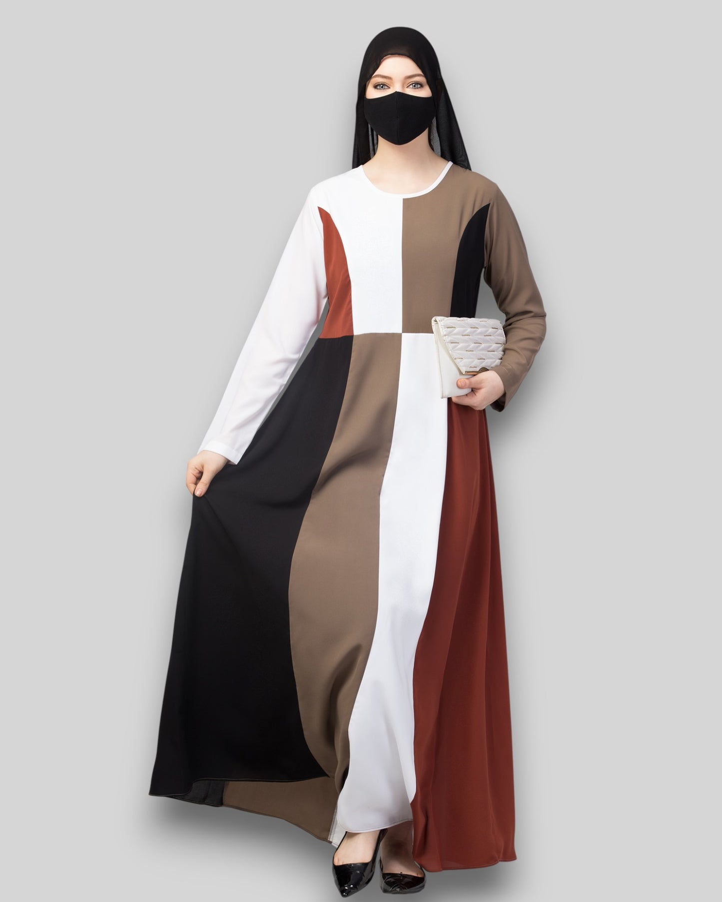 Color blocked Abaya – Four-Tone Contemporary Dress with Hijab