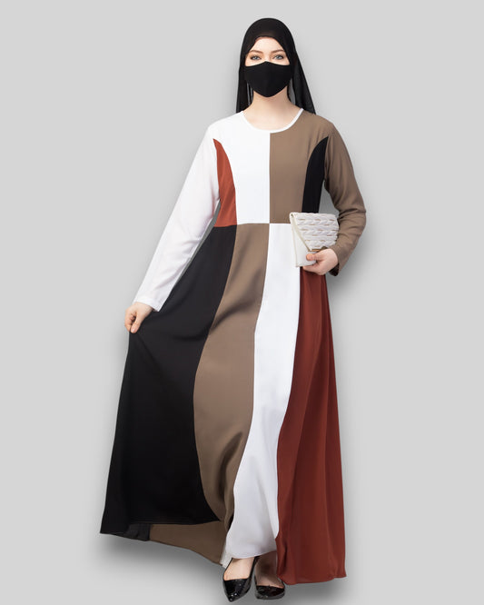 Color blocked Abaya – Four-Tone Contemporary Dress with Hijab