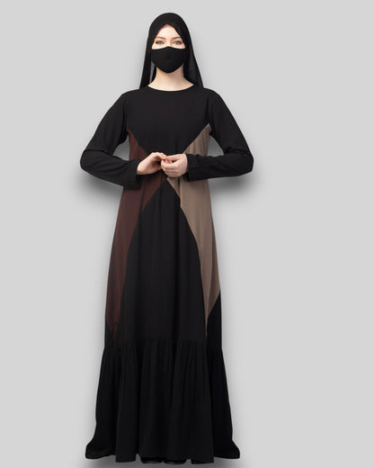 Multicolor Abaya – Three-Tone Black & Brown with Frill Hem