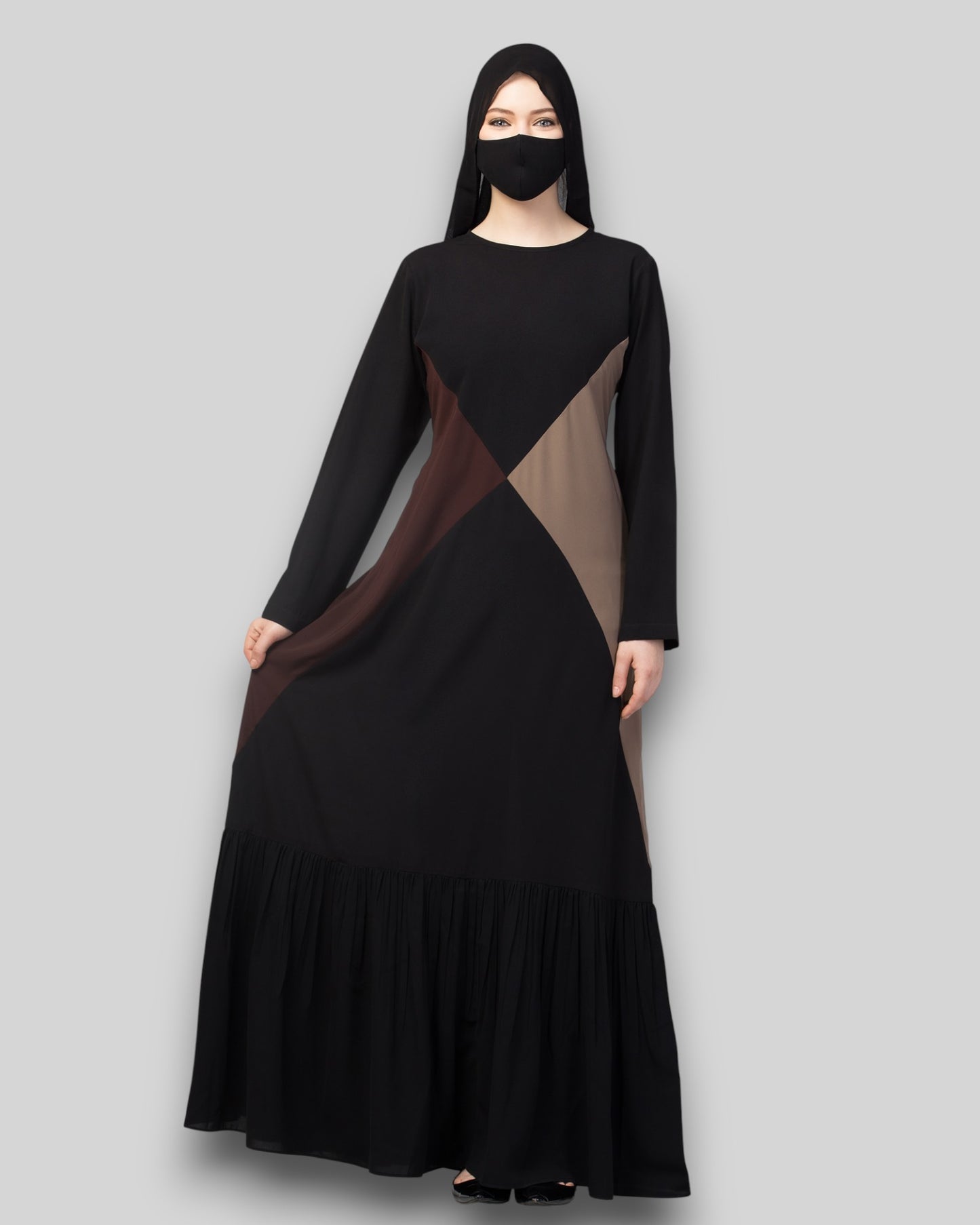 Multicolor Abaya – Three-Tone Black & Brown with Frill Hem