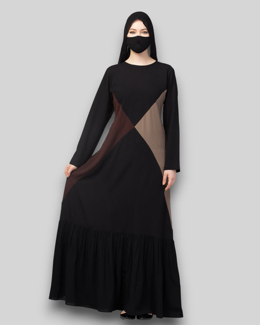 Multicolor Abaya – Three-Tone Black & Brown with Frill Hem