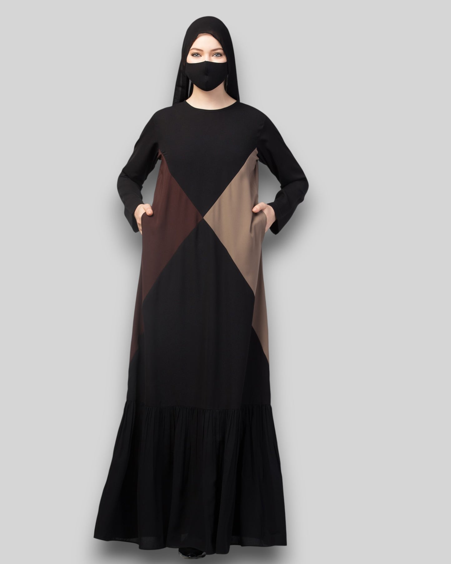 Multicolor Abaya – Three-Tone Black & Brown with Frill Hem