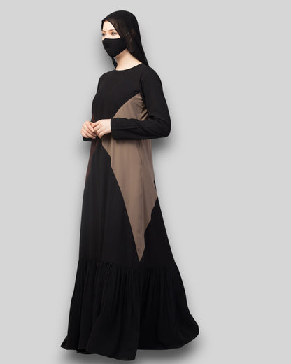 Multicolor Abaya – Three-Tone Black & Brown with Frill Hem