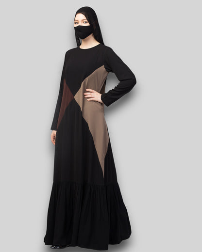 Multicolor Abaya – Three-Tone Black & Brown with Frill Hem