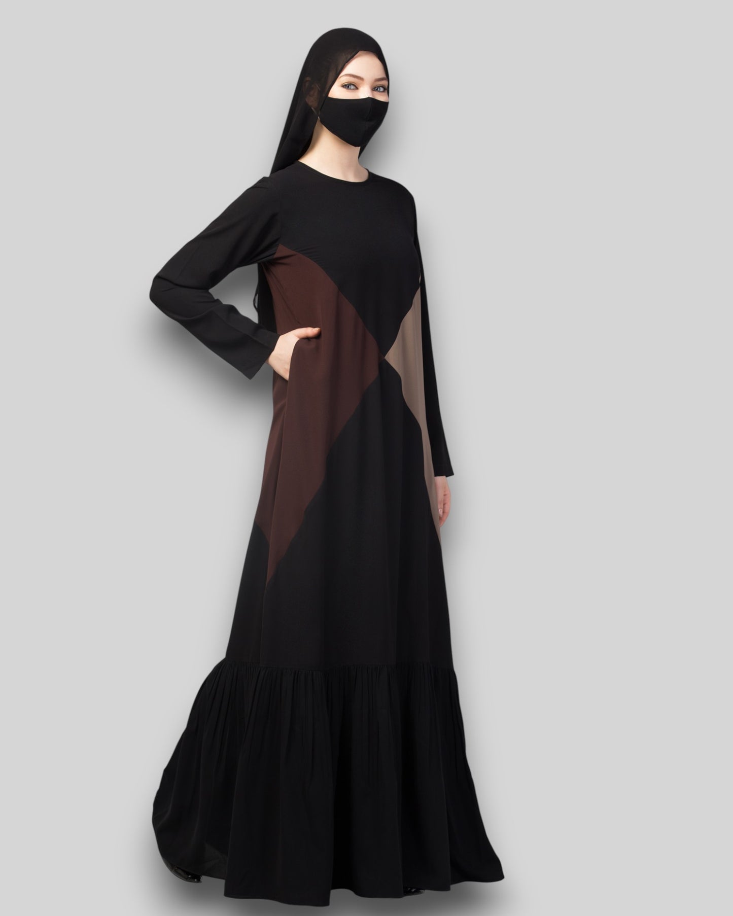 Multicolor Abaya – Three-Tone Black & Brown with Frill Hem