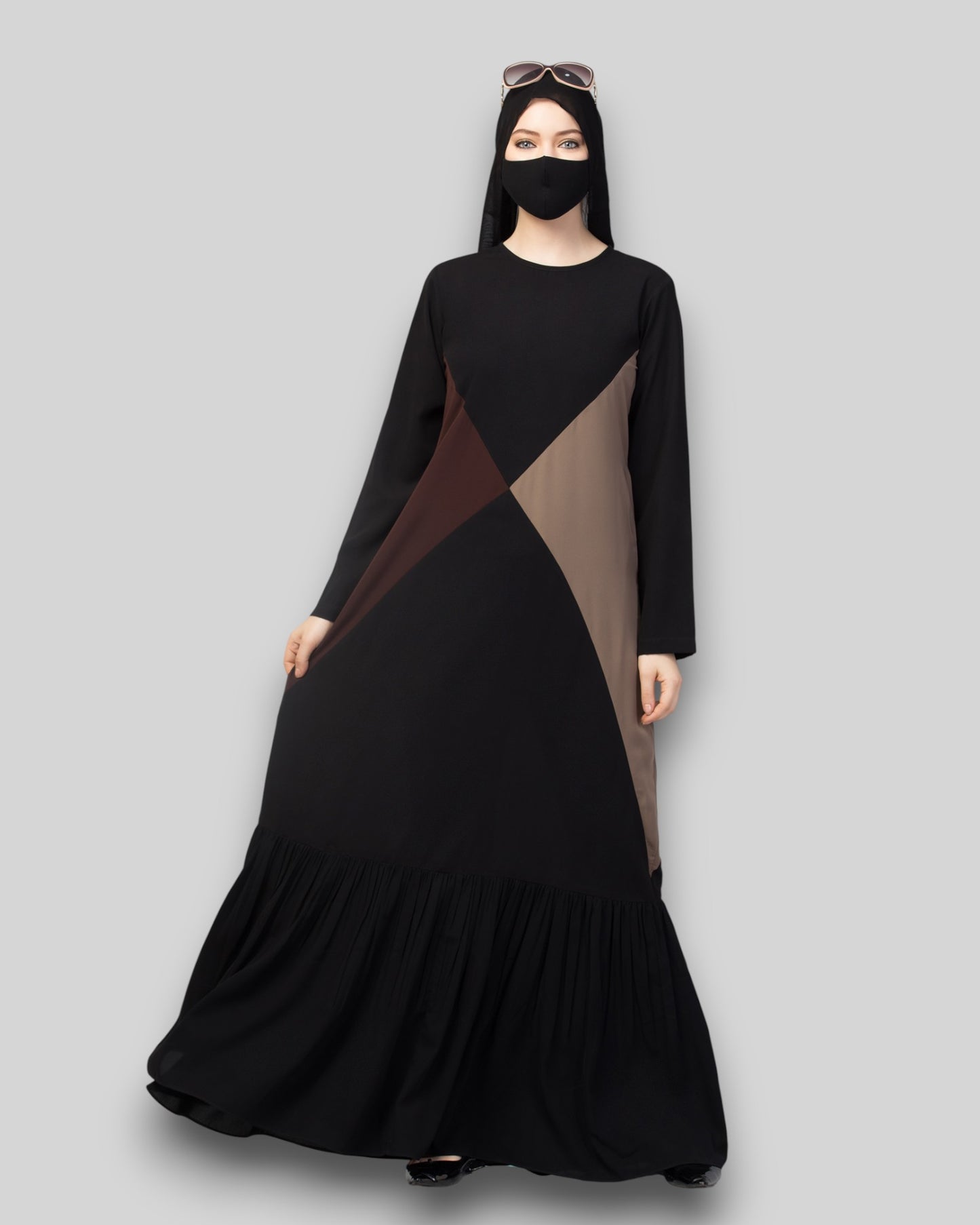 Multicolor Abaya – Three-Tone Black & Brown with Frill Hem