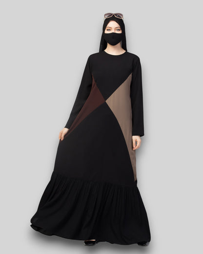 Multicolor Abaya – Three-Tone Black & Brown with Frill Hem