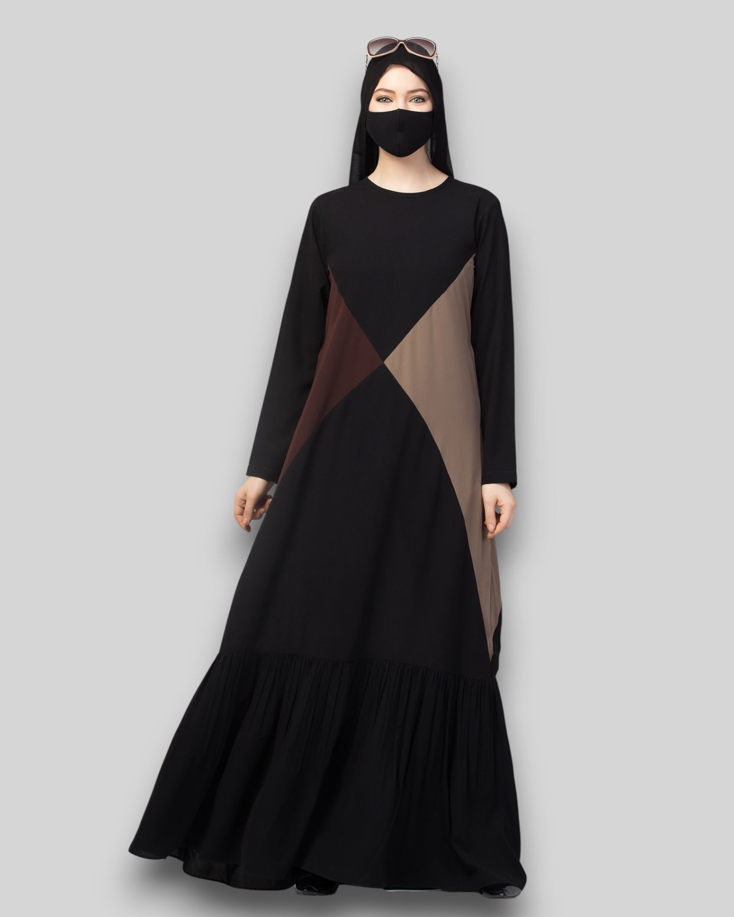 Multicolor Abaya – Three-Tone Black & Brown with Frill Hem