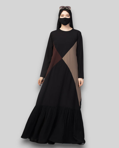 Multicolor Abaya – Three-Tone Black & Brown with Frill Hem