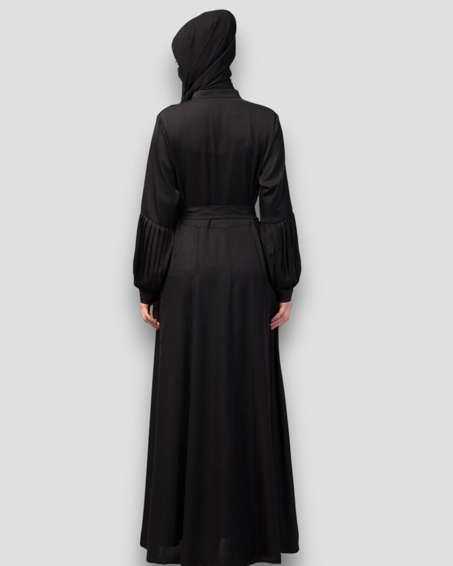 Premium Abayas Online - Black Embroidered with Pleated Sleeves & Belt