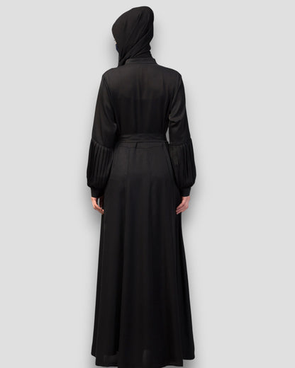 Premium Abayas Online - Black Embroidered with Pleated Sleeves & Belt