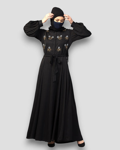 Premium Abayas Online - Black Embroidered with Pleated Sleeves & Belt