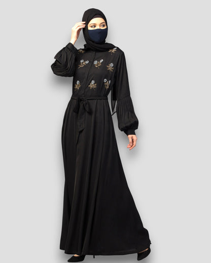 Premium Abayas Online - Black Embroidered with Pleated Sleeves & Belt