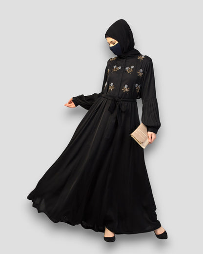 Premium Abayas Online - Black Embroidered with Pleated Sleeves & Belt