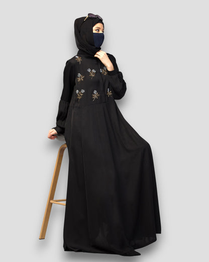 Premium Abayas Online - Black Embroidered with Pleated Sleeves & Belt