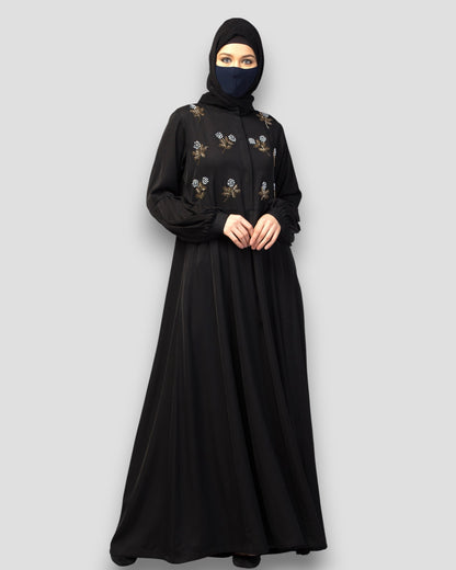 Premium Abayas Online - Black Embroidered with Pleated Sleeves & Belt