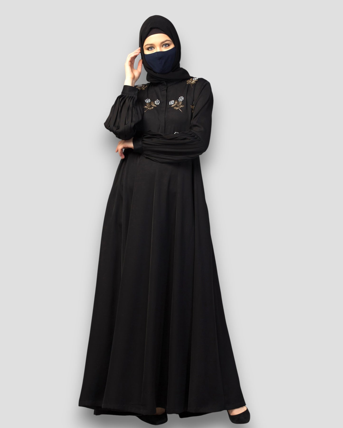 Premium Abayas Online - Black Embroidered with Pleated Sleeves & Belt