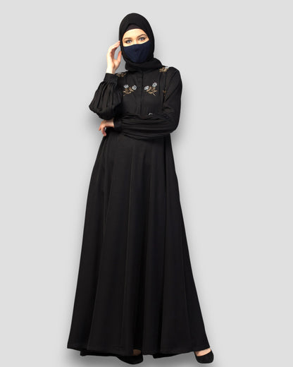 Premium Abayas Online - Black Embroidered with Pleated Sleeves & Belt