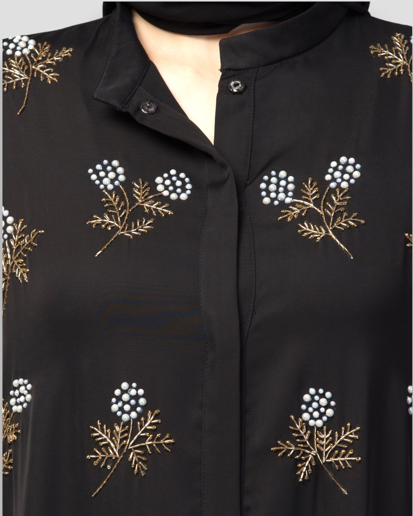 Premium Abayas Online - Black Embroidered with Pleated Sleeves & Belt