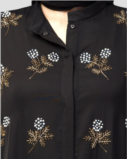 Premium Abayas Online - Black Embroidered with Pleated Sleeves & Belt