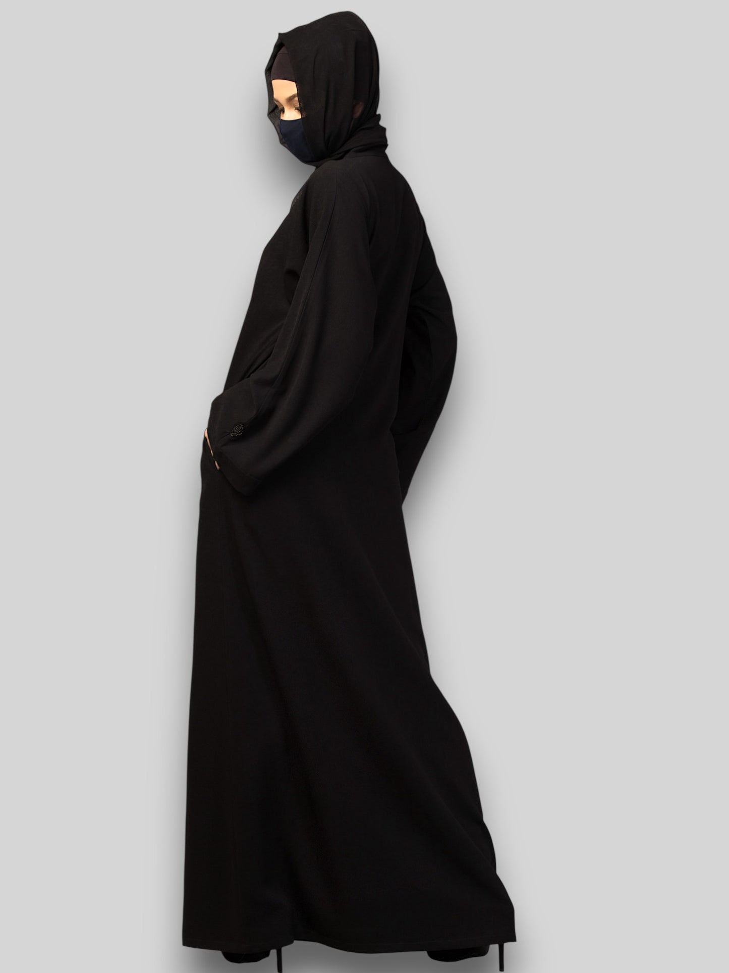 Black Abaya with Handwork – Crushed CYE Fabric with Pockets & Hijab