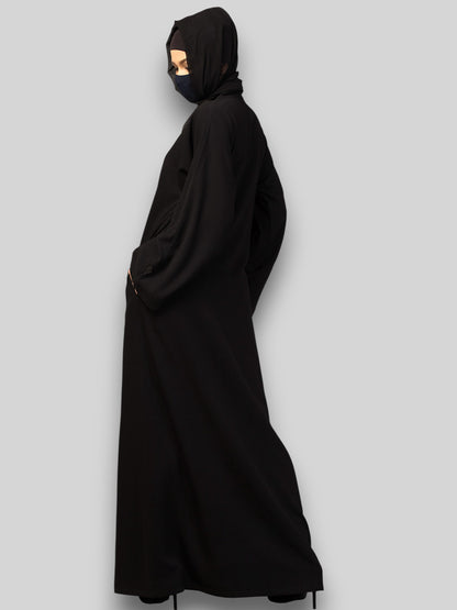 Black Abaya with Handwork – Crushed CYE Fabric with Pockets & Hijab