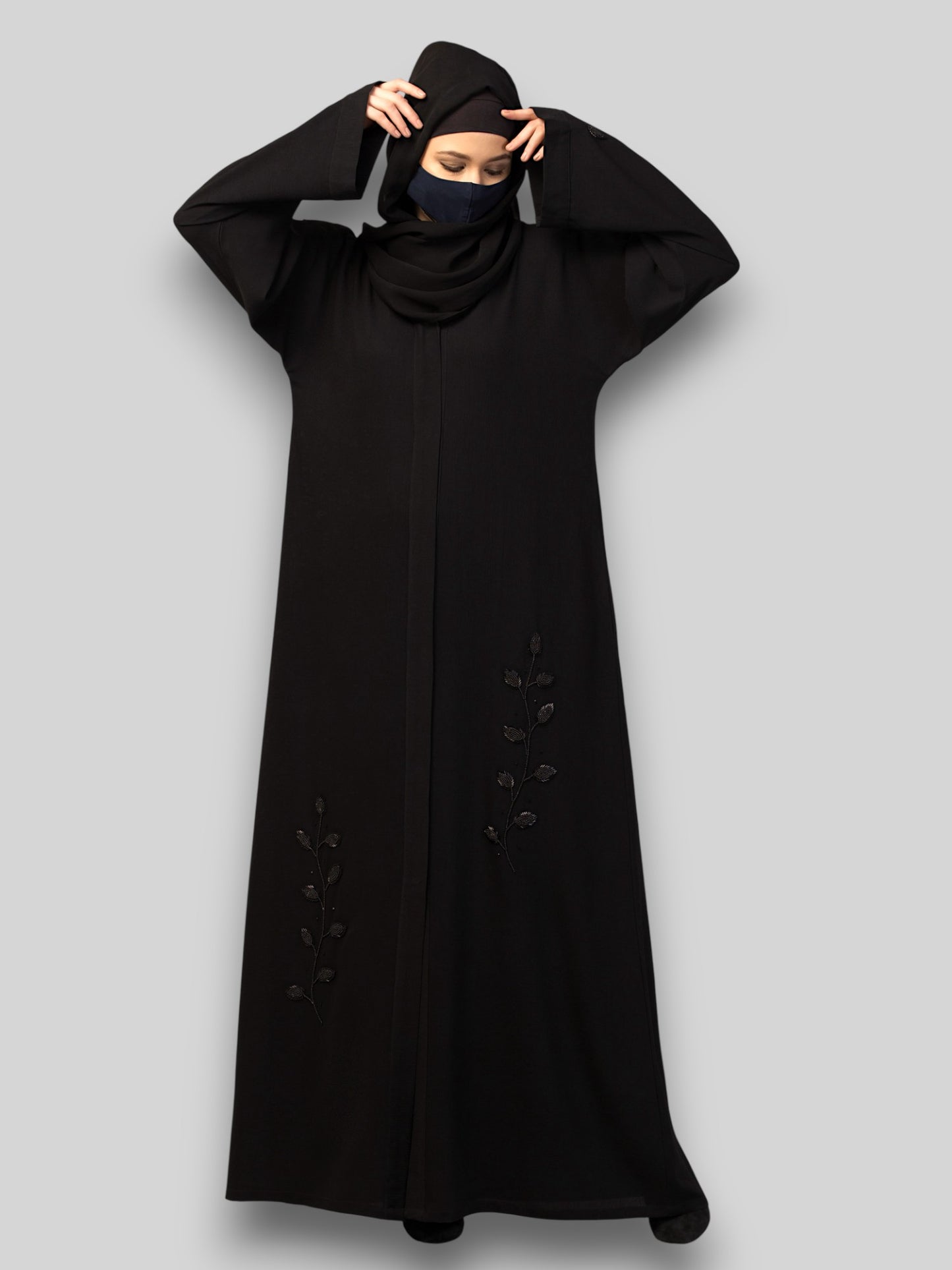 Black Abaya with Handwork – Crushed CYE Fabric with Pockets & Hijab