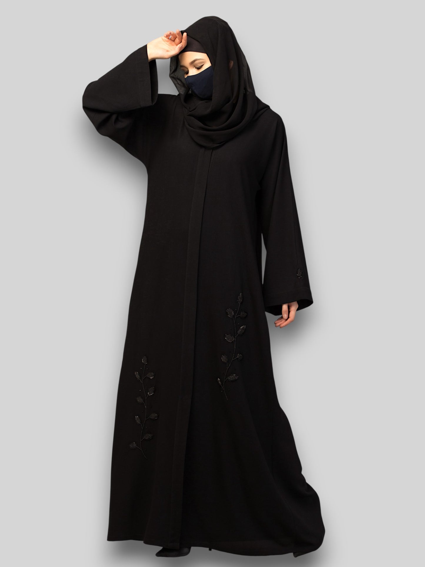 Black Abaya with Handwork – Crushed CYE Fabric with Pockets & Hijab