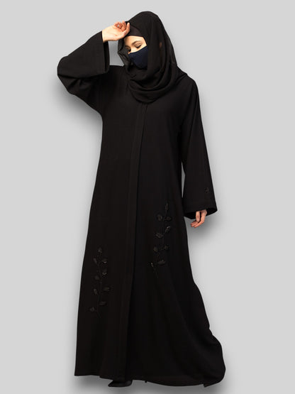 Black Abaya with Handwork – Crushed CYE Fabric with Pockets & Hijab