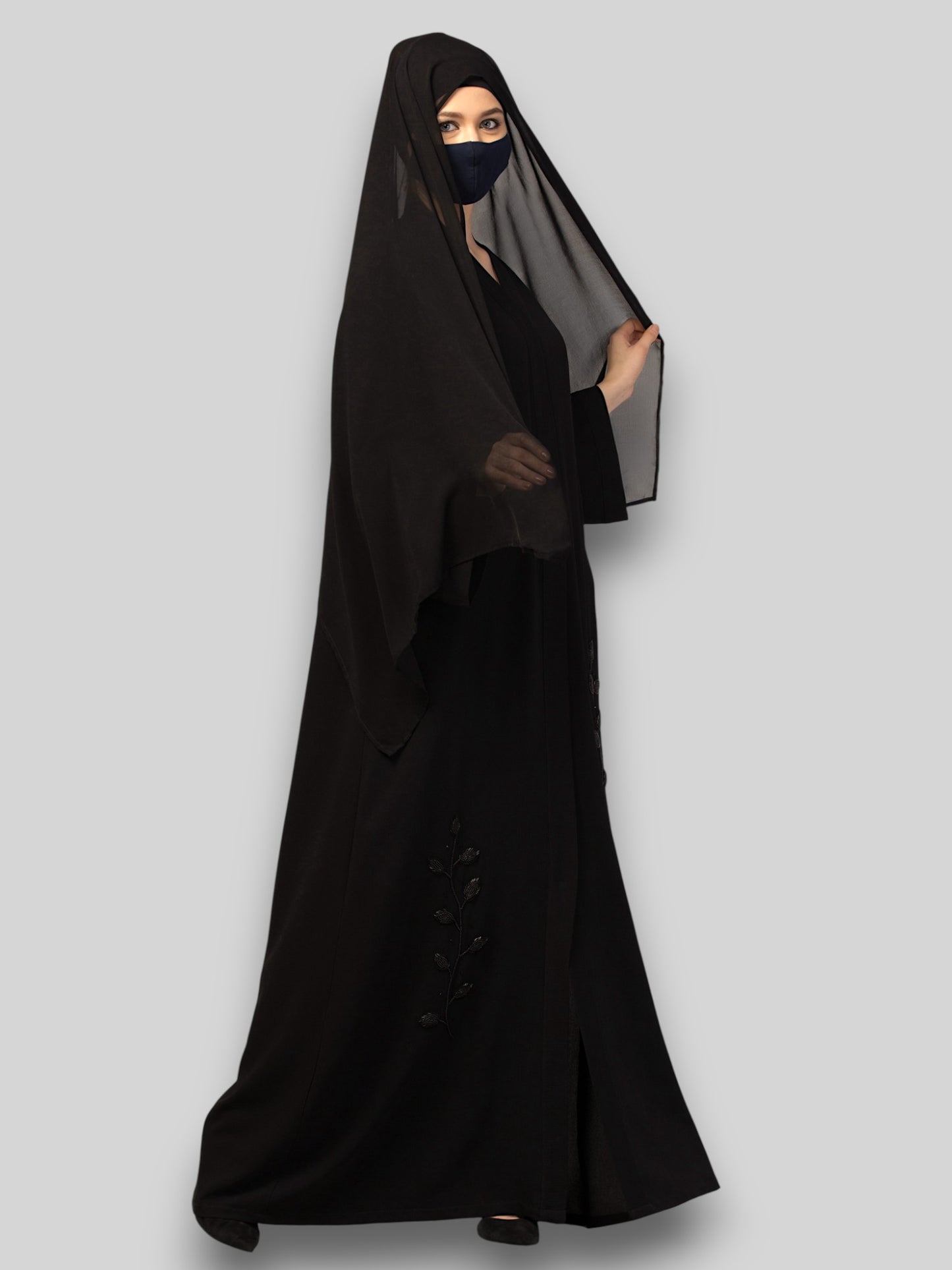 Black Abaya with Handwork – Crushed CYE Fabric with Pockets & Hijab