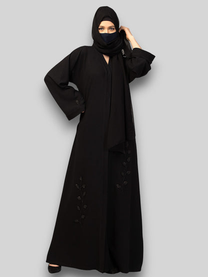 Black Abaya with Handwork – Crushed CYE Fabric with Pockets & Hijab