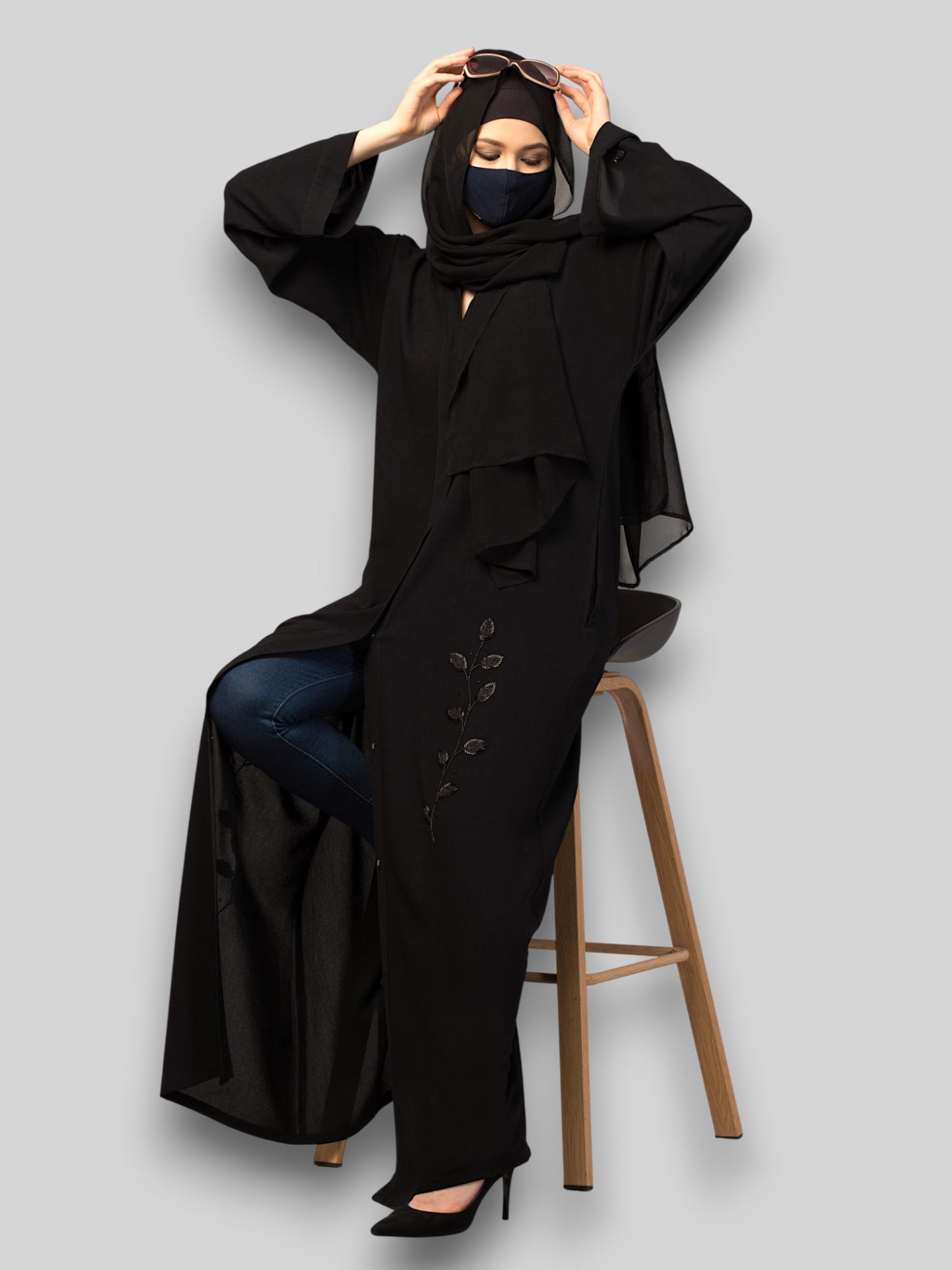 Black Abaya with Handwork – Crushed CYE Fabric with Pockets & Hijab