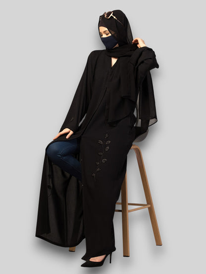 Black Abaya with Handwork – Crushed CYE Fabric with Pockets & Hijab