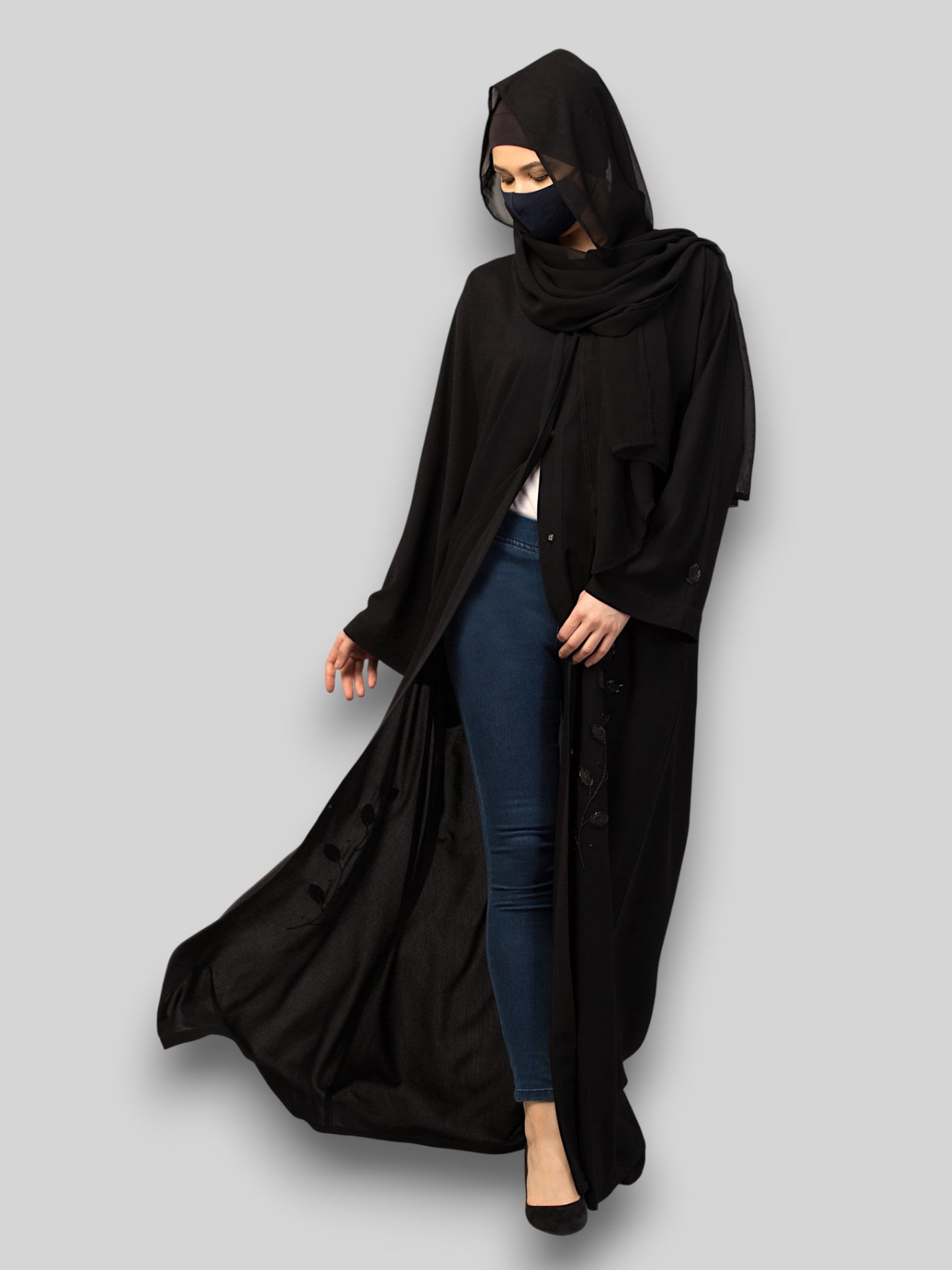 Black Abaya with Handwork – Crushed CYE Fabric with Pockets & Hijab