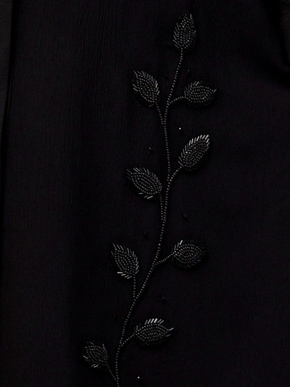 Black Abaya with Handwork – Crushed CYE Fabric with Pockets & Hijab