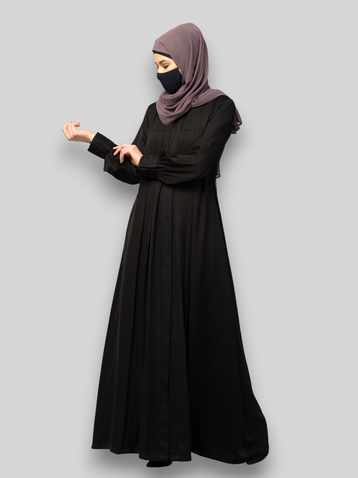 Black Designer Abaya Dress with Pleats & Beadwork – Imported Nida