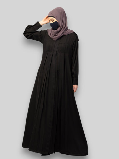 Black Designer Abaya Dress with Pleats & Beadwork – Imported Nida