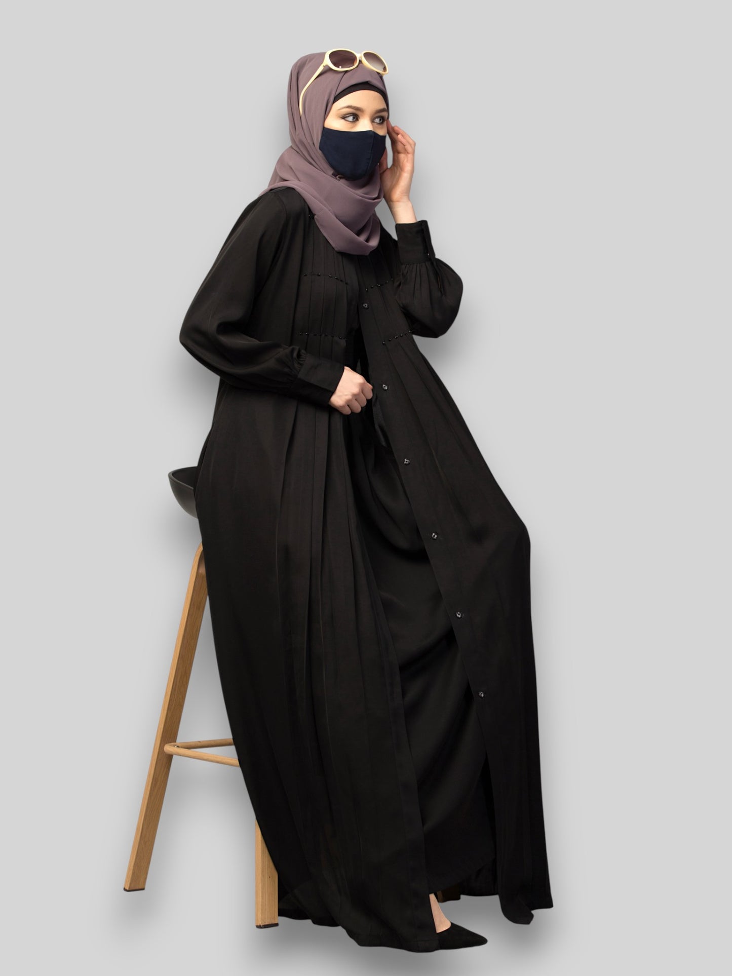 Black Designer Abaya Dress with Pleats & Beadwork – Imported Nida