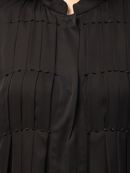 Black Designer Abaya Dress with Pleats & Beadwork – Imported Nida