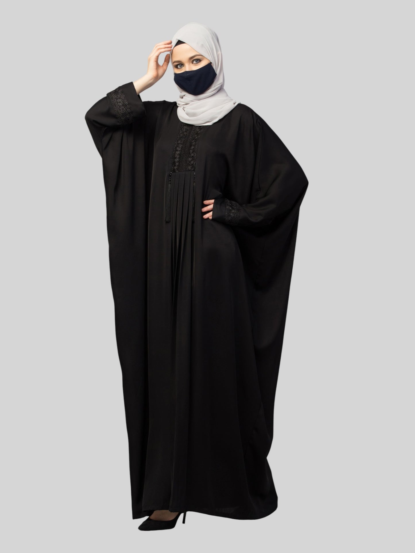 Designer Kaftan Abaya With Lacework & Tussels in Imported Nida Fabric.