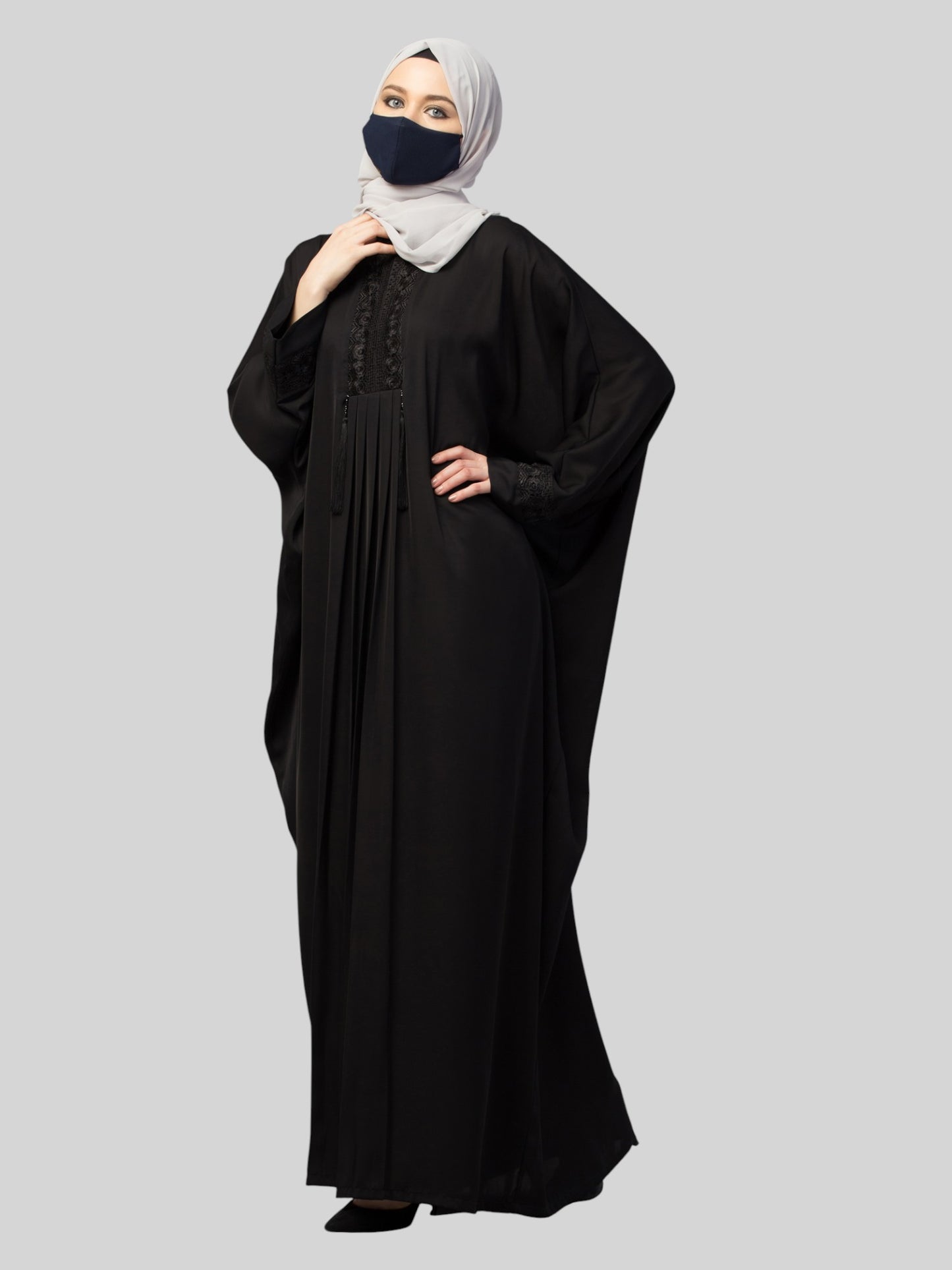 Designer Kaftan Abaya With Lacework & Tussels in Imported Nida Fabric.