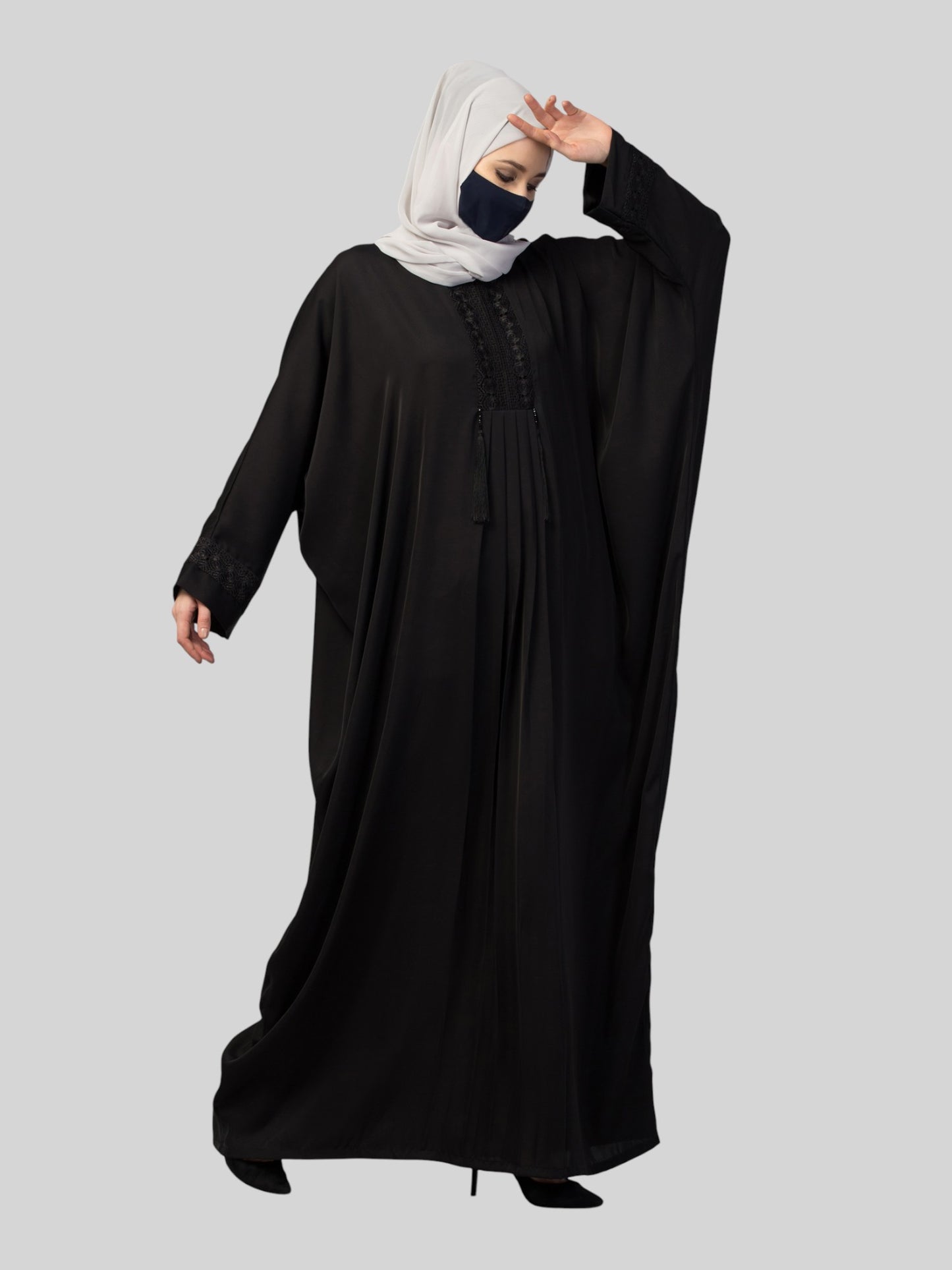 Designer Kaftan Abaya With Lacework & Tussels in Imported Nida Fabric.