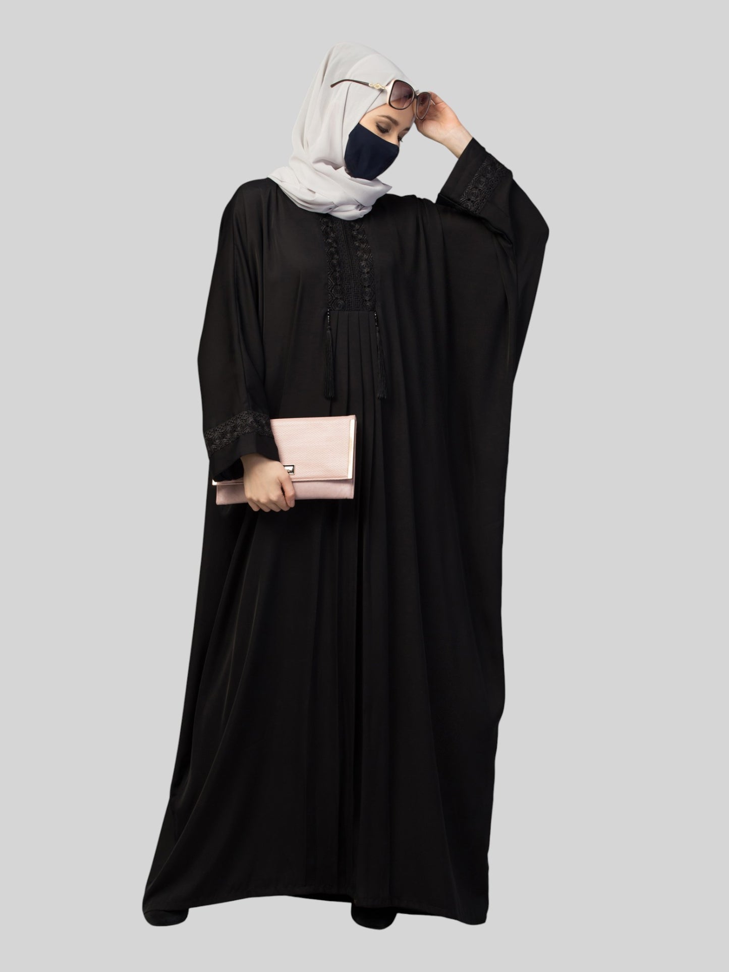 Designer Kaftan Abaya With Lacework & Tussels in Imported Nida Fabric.