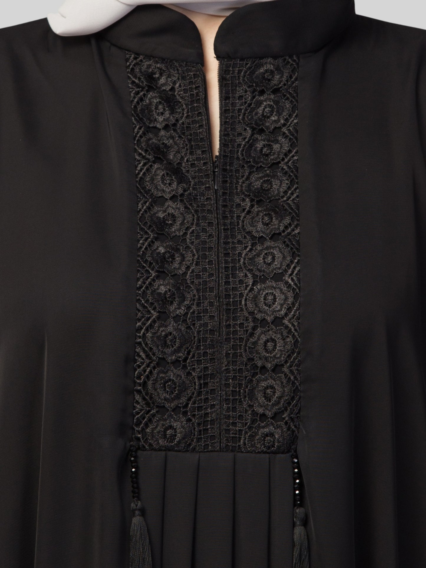 Designer Kaftan Abaya With Lacework & Tussels in Imported Nida Fabric.