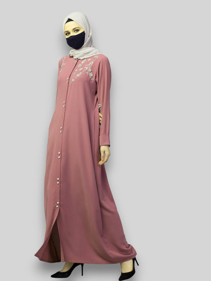 Pink Abaya For Wedding – Puce Pink Front Open with Handwork
