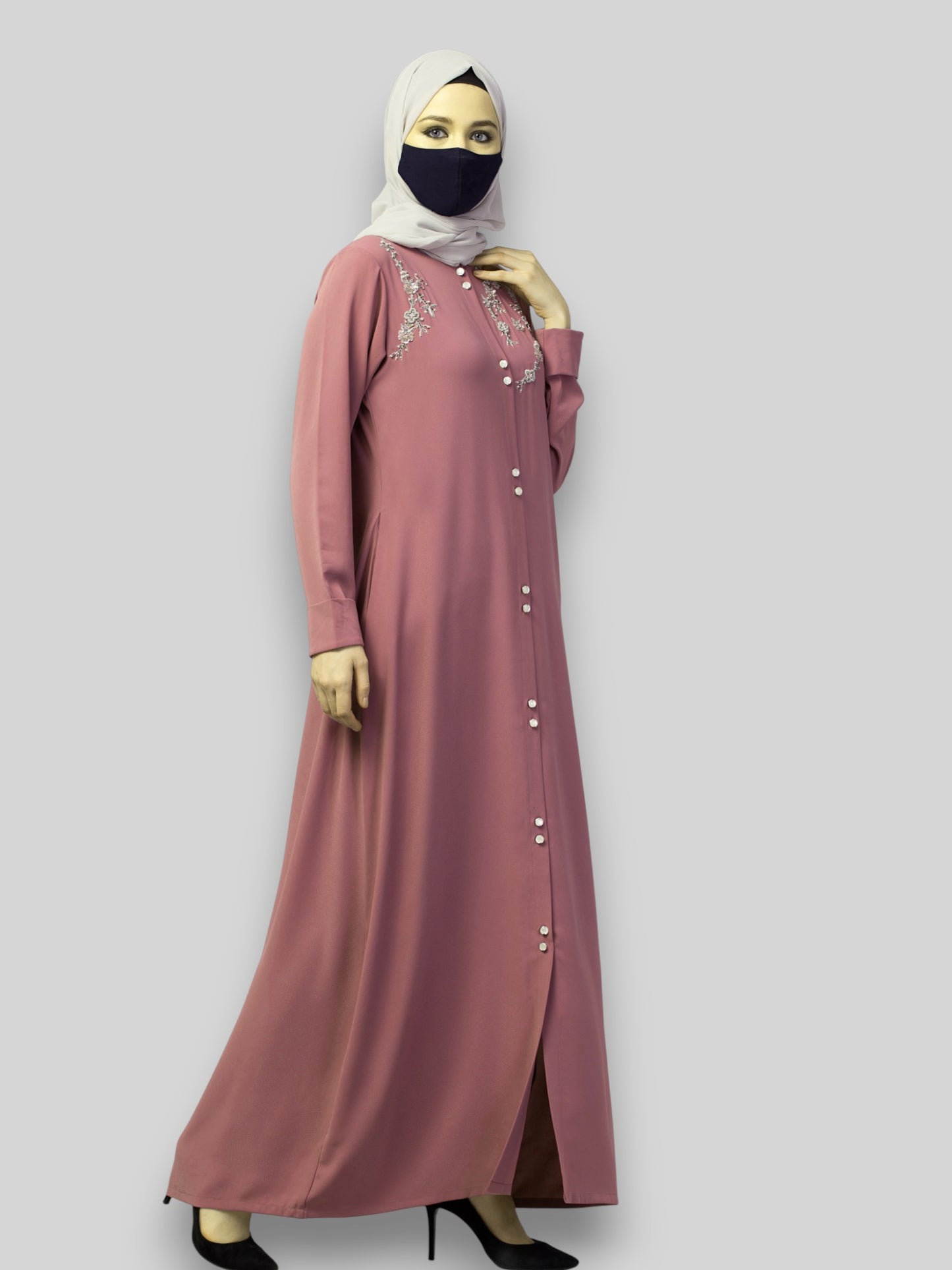 Pink Abaya For Wedding – Puce Pink Front Open with Handwork