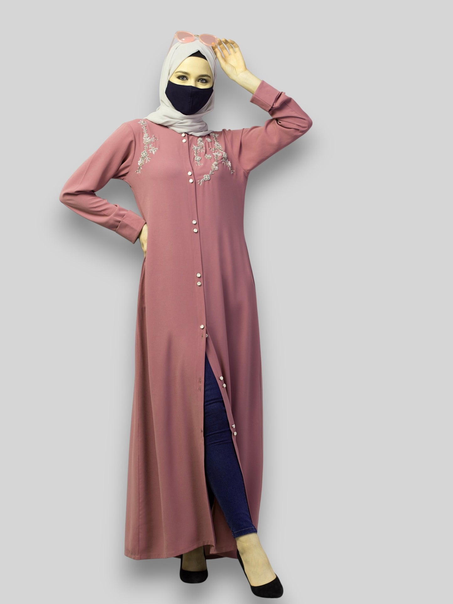 Pink Abaya For Wedding – Puce Pink Front Open with Handwork